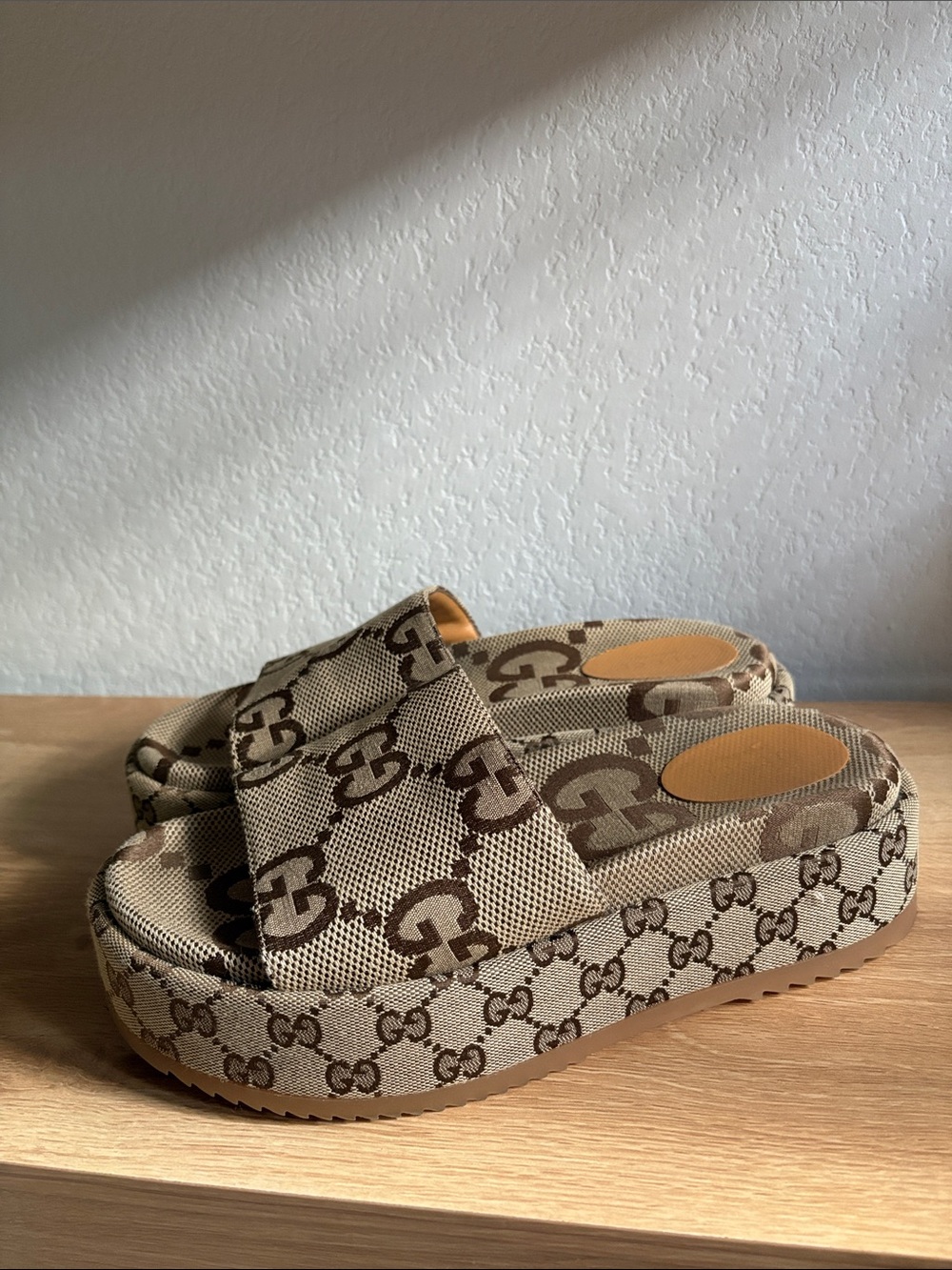 Gucci Beige/Brown GG Canvas Platform Slide Mules - Picture 5 of 8